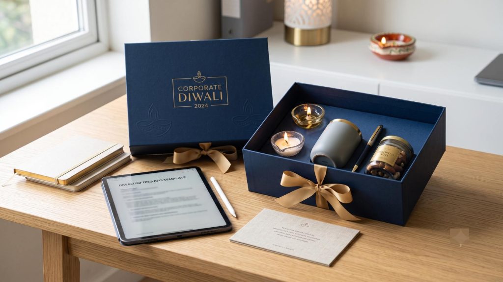 create a realistic, minimalistic featured images for the blog "Diwali Gifting RFQ Template: Corporate Buying Guide